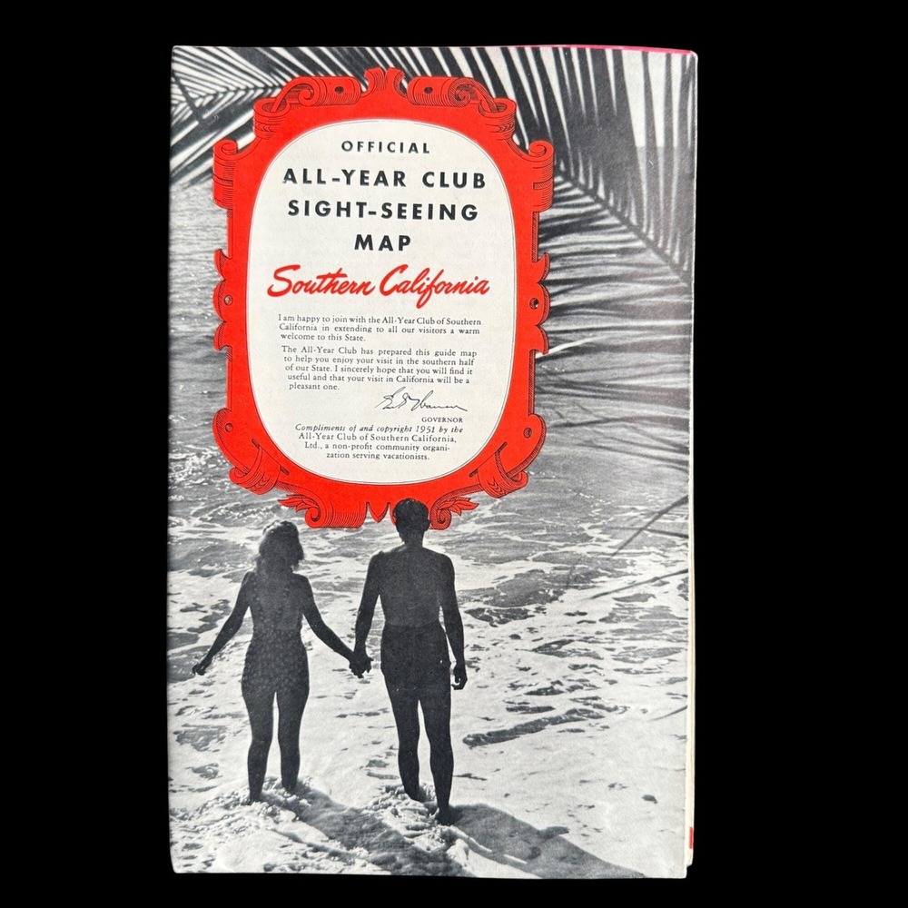 Official Sight Seeing Map Southern California 1951 All Year Club Large Fold Out